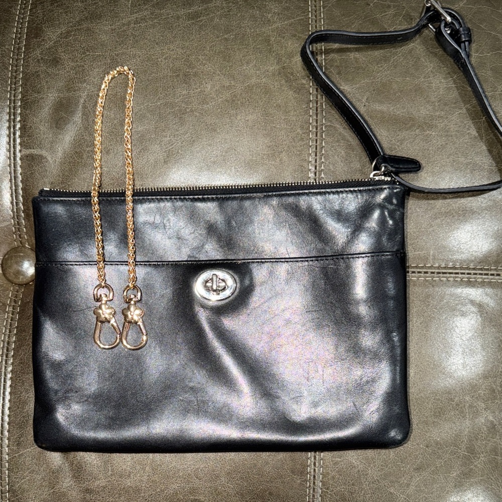 Coach Black Leather Clutch with extra Gold Chain Accent